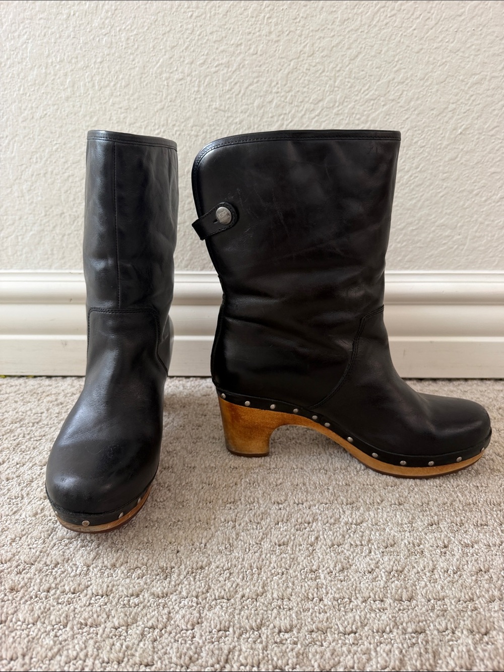 Vintage UGG Australia Lynnea Black Leather Clog Boots Boho Y2K - Size 7 EUC